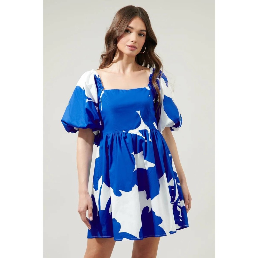 Sugarlips Yardley Floral Marion Puff BabyDoll Mini Dress Blue White Large